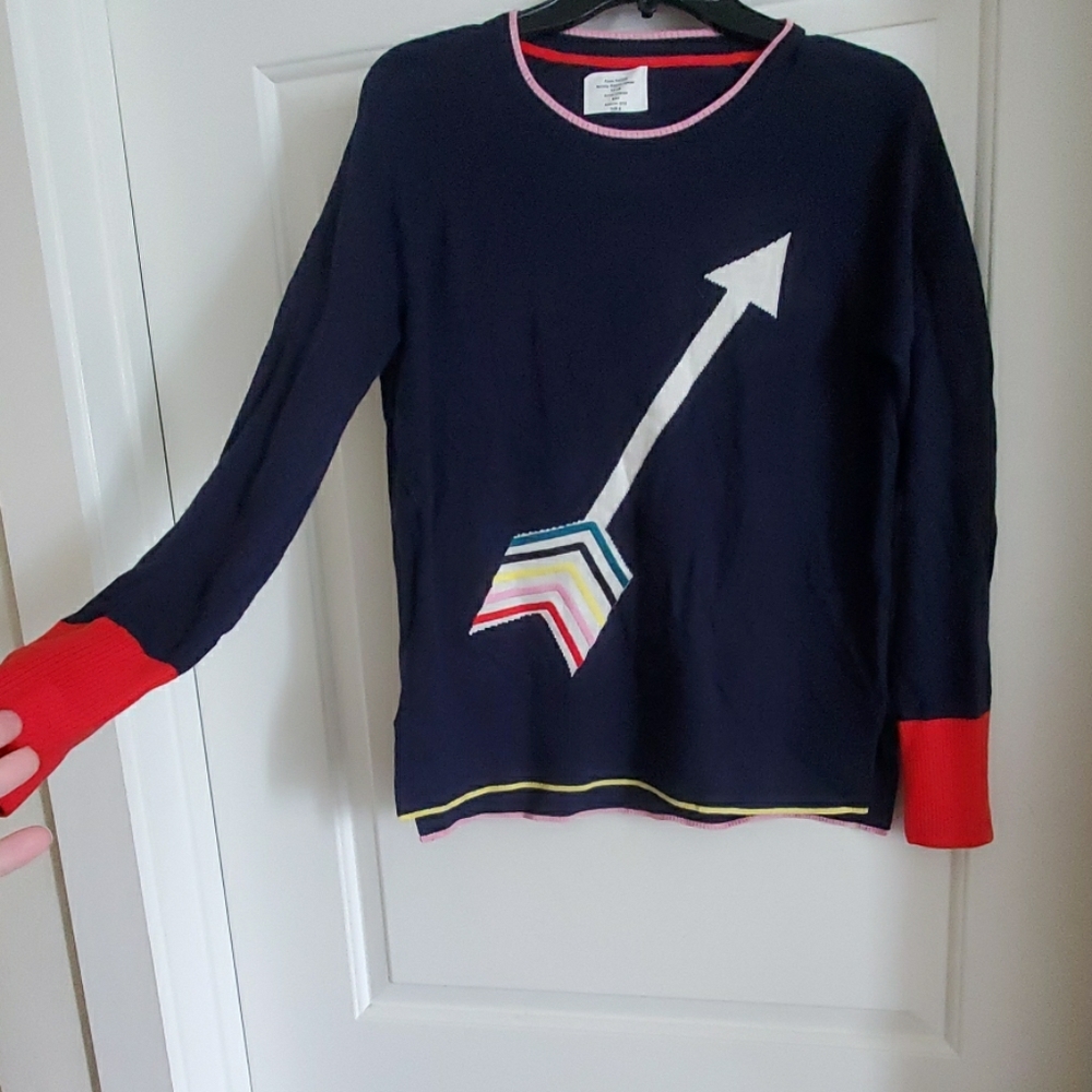 Boden Navy Arrow Crewneck Sweater with Red Cuffs